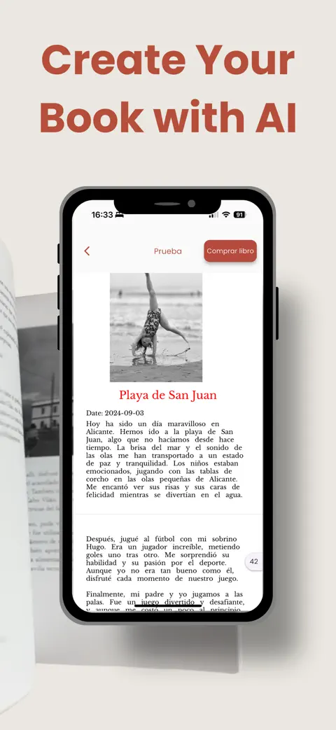 Daiary book view: a transcribed diary entry laid out as a book page with a photo