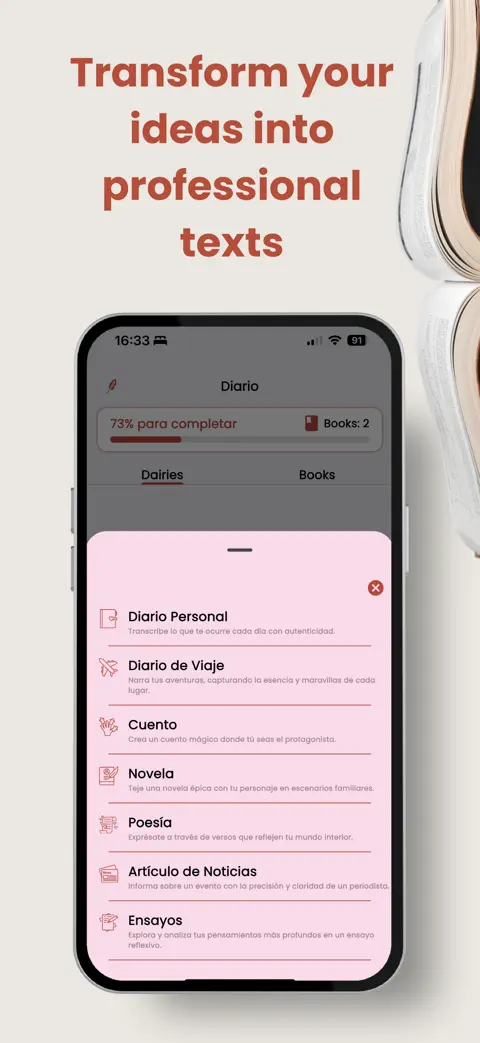 Daiary format picker: personal diary, travel diary, story, novel, poetry, news article, essays