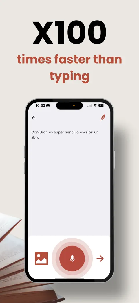 Daiary recording screen: a large microphone button turns speech into text
